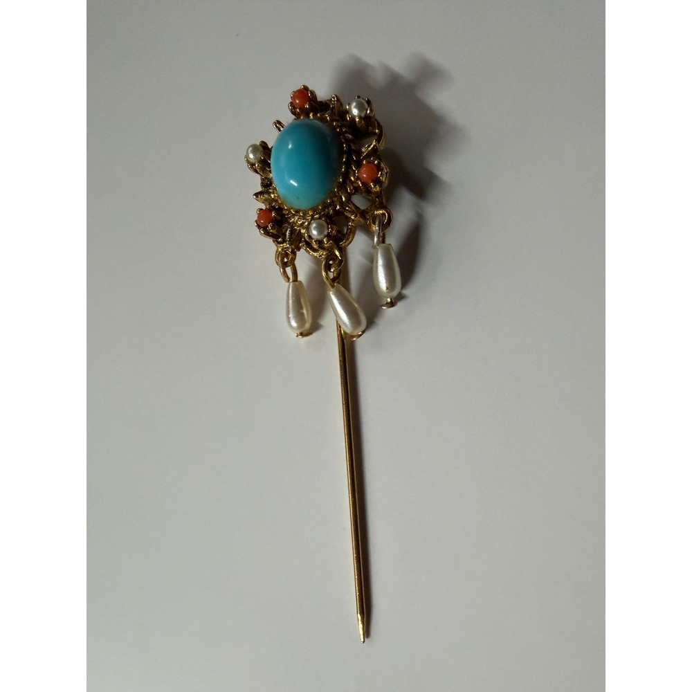 Vintage ART Signed Victorian Revival Turquoise Coral Pearl Dangle Stick Pin